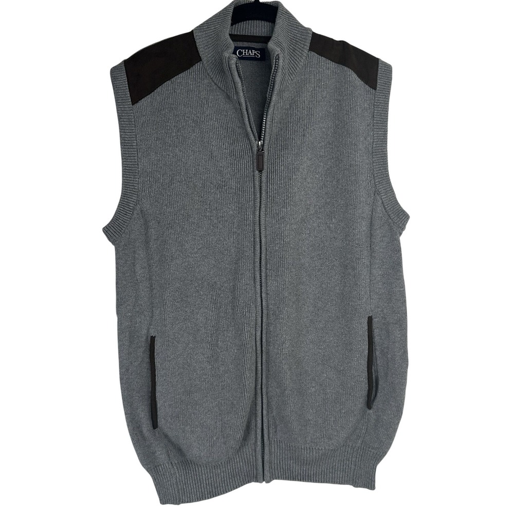 Chaps Mens Gray Full Zip Sweater Vest Shoulder Patches Size M Preppy Academia